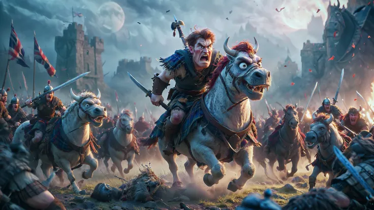 In a vivid 3D-rendered animation, an enraged Scottish warrior adorned in traditional garb charges on his steed amidst the tumultuous chaos of a fierce British-Scottish melee, sword clashes illuminating the foggy, moonlit battlefield. <lora:Cute_3D_Cartoon:1>
