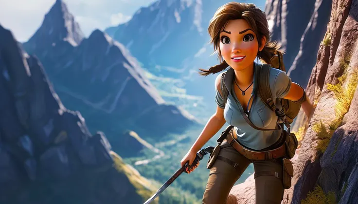 impactful paint of cute  Lara Croft climbing a mountain   <lora:Cute_3D_Cartoon:1.0>,    highly detailed,   8k,   sharp,  professional, clear,   high contrast, high saturated, , vivid deep blacks, crystal clear