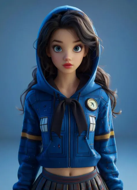 (full body portrait) 22-year-old woman, solo, long hair, hoodie, tardis design hoodie, (midriff:1.1), looking at viewer, blue background, black hair, simple background, twoes, lips, sexy mouth, ribbon, hair ribbon, bangs, turtleneck sweater, upper body, part side up, turtleneck, blue eyes, bangs, black ribbon, ribbed hoodie, twin tails, nose  <lora:Tardis_Style:0.8> tardisstyle, whovian  <lora:Cute_3D_Cartoon:0.85>, subsurface scattering, Photorealistic, Hyperrealistic, analog style, realistic, film photography, soft lighting, heavy shadow