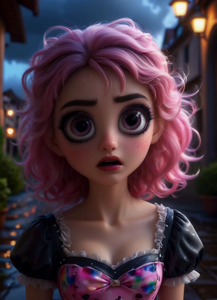 women, dark ambiance, gorgeous, smooth, pink, rainbow, absurd, stupid, smiling, fluffy (dress), surprised, highly detailed, Hyperrealism, ultra realistic, ultra detailed, Hyperrealism, photography, stunning environment, old paint, storm, photo <lora:bigeyes-v2_16x8-4x1:1.4> big eyes <lora:Cute_3D_Cartoon:0.75>, subsurface scattering, Photorealistic, Hyperrealistic, analog style, realistic, film photography, soft lighting, heavy shadow