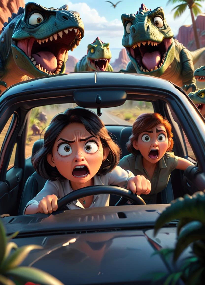 cartoon image, a scared woman inside a car behind the steering wheel, black chargerhellcatsrt car chased by a group of dinosaurs, an action scene, cinematic,
<lora:Cute_3D_Cartoon:0.8>