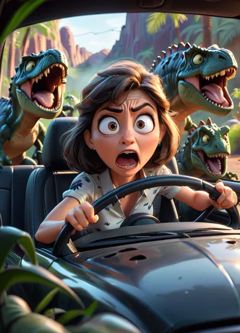 cartoon image, a scared woman inside a car behind the steering wheel, black chargerhellcatsrt car chased by a group of dinosaurs, an action scene, cinematic,
<lora:Cute_3D_Cartoon:0.8>