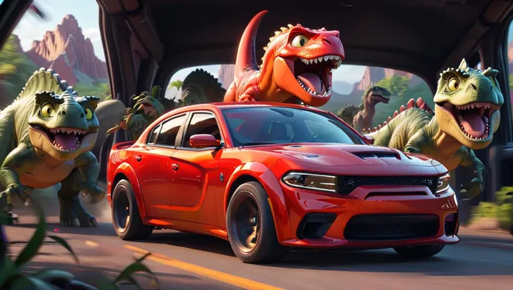 cartoon image of a red chargerhellcatsrt car driving with driver behind the steering wheel, car chased by a group of dinosaurs, an action scene, cinematic,
 <lora:Cute_3D_Cartoon:0.8> <lora:ChargerHellcatSDXL:0.8>