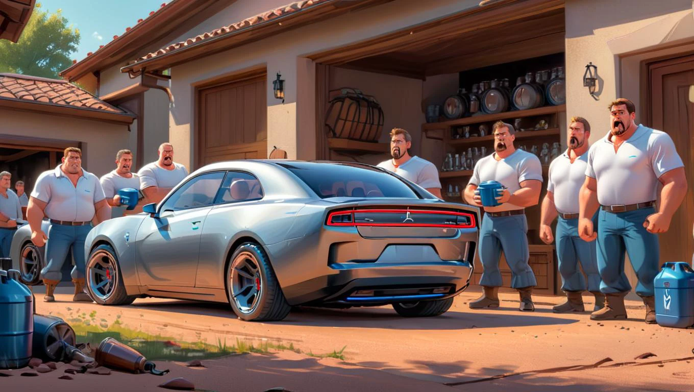 cartoon, chargerconcept car parek with a group of disappointed tankard men with jerrycans looking at it.
<lora:ChargerConceptSDXL_v1:0.8> chargerconcept <lora:Cute_3D_Cartoon:0.8>