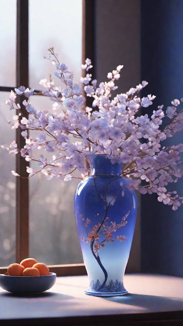 There is a blue vase with flowers in it on a table - SeaArt AI