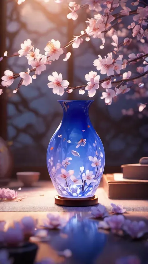 sakura petal, blue and white porcelain, vase, soul, fairy-tale, soul, crystal clear, blue transparent soul, colorful, light purple, orange, cinematic lighting, <lora:add-detail-xl:0.25>, 8k, <lora:Cute_3D_Cartoon:0.25>, Designed by Bage