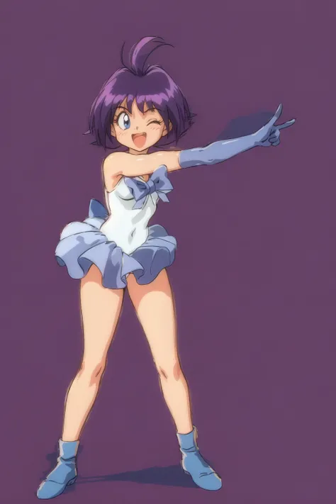 <lora:Ameliav1:0.7>, 1990s \(style\), 1girl, amelia wil tesla seyruun, slayers, blue eyes, blue footwear, blue gloves, bow, dress, elbow gloves, full body, gloves, leotard, looking at viewer, microphone, one eye closed, open mouth, purple hair, short hair, simple background, smile, solo, standing, white background