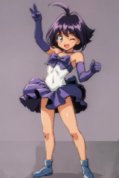 <lora:Ameliav1:0.6>, 1990s \(style\), 1girl, amelia wil tesla seyruun, slayers, blue eyes, blue footwear, blue gloves, bow, dress, elbow gloves, full body, gloves, leotard, looking at viewer, microphone, one eye closed, open mouth, purple hair, short hair, simple background, smile, solo, standing, white background