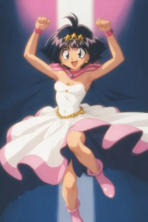 <lora:Ameliav1:0.6>, 1990s \(style\), 1girl, amelia wil tesla seyruun, slayers, arms up, black hair, dress, headband, jewelry, open mouth, pink dress, pink footwear, retro artstyle, short hair, smile, solo, star \(symbol\), strapless, wristband