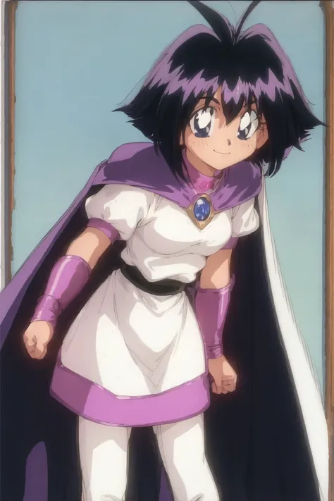 <lora:Ameliav1:0.6>, 1990s \(style\), 1girl, amelia wil tesla seyruun, slayers, armor, black eyes, black hair, blue cape, cape, dress, looking at viewer, purple cape, red cape, retro artstyle, short hair, smile, solo