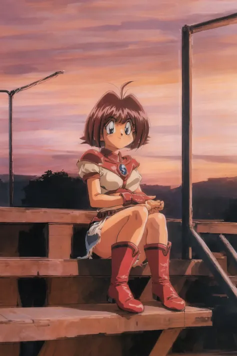 <lora:Ameliav1:0.6>, 1990s \(style\), 1girl, amelia wil tesla seyruun, slayers, boots, cloud, looking at viewer, railing, red sky, retro artstyle, short hair, sitting, sky, solo, sunset