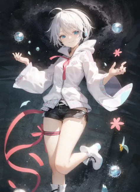masterpiece, best quality, 4k, 8k, 1girl, solo,yanhe, <lora:yanhe:1>, shorts, white footwear, blue eyes, short hair, full body, long sleeves, black shorts, headphones, looking at viewer, ribbon, white hair, smile, jacket, headset, hair between eyes, short shorts, white jacket, character name, boots, wide sleeves, bangs, red ribbon, standing on one leg, shoes, closed mouth