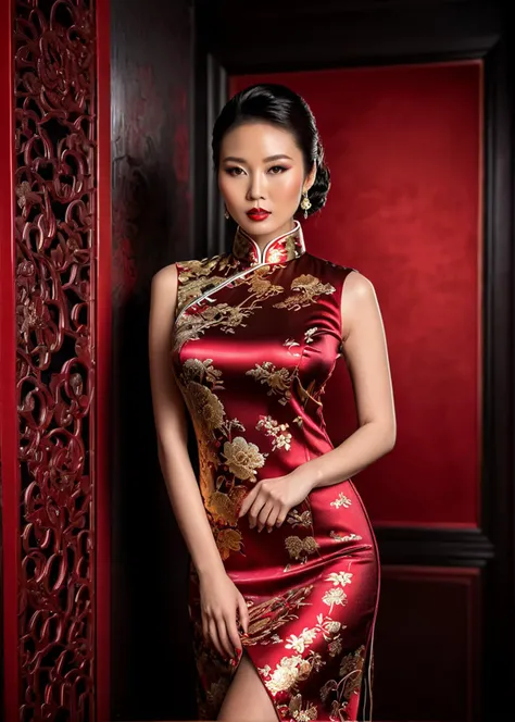 glamorous photo of A captivating masterpiece of an woman, full body, dressed in a Chinese vintage cheongsam, The use of high-shine gloss adds a touch of glamour while the deep red and black hues give it a dramatic vibe, studio lighting, look to the camera, background blurred, <lora:MS_Aika_Yumeno_V2_SDXL:0.8>, high fashion, luxurious, extravagant, stylish, sensual, opulent, elegance, stunning beauty, professional, high contrast, detailed
