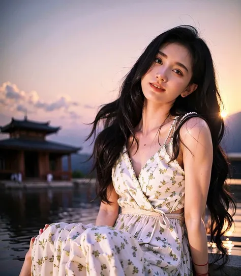 masterpiece, best quality, vibrant details, 1girl, pink eyes, long hair, black hair, wallpaper, (realistic, photo-realistic:1.37),Amazing, finely detail, (grapefruit in front), (temple in the background), sitting, red kimono, medium breasts, topless, arms behind back, water, sunset, hair ornament,