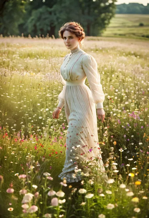 beautiful woman in a Victorian dress walking through a field of wildflowers in the setting summer sun, score_9, score_8_up, score_7_up, score_6_up, dreamy, hazy, magical, loving, delightful, pastoral, victorianstyle