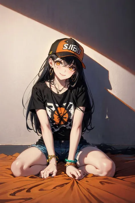 Graffiti, 1girl, smile, hat, jewelry, black hair, solo, earrings, paint splatter, baseball cap, long hair, shorts, orange eyes, looking at viewer, mole, bracelet, shirt, <lora:Graffiti:1>