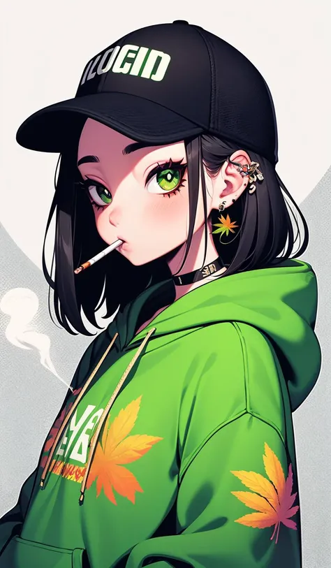 Graffiti, 1girl, solo, hood, leaf, hoodie, jewelry, hat, earrings, black hair, cigarette, hood down, medium hair, upper body, baseball cap, looking at viewer, green eyes, drawstring, green headwear, choker, smoking, green hoodie<lora:Graffiti:1>