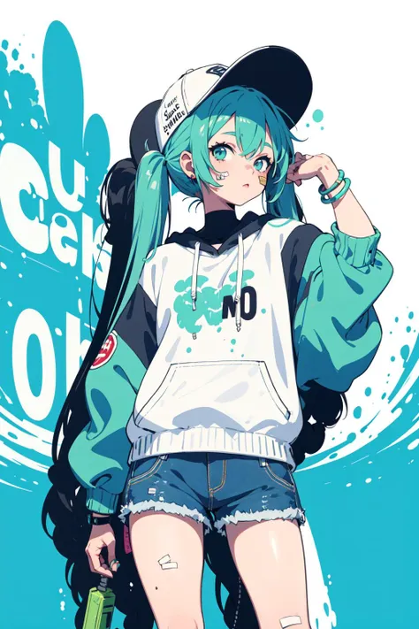 Graffiti, 1girl, solo, hatsune miku, paint splatter, aqua hair, twintail, very long hair, baseball cap, shorts, looking at viewer, bracelet, street, bandaid <lyco:Graffiti Concept:0.9>