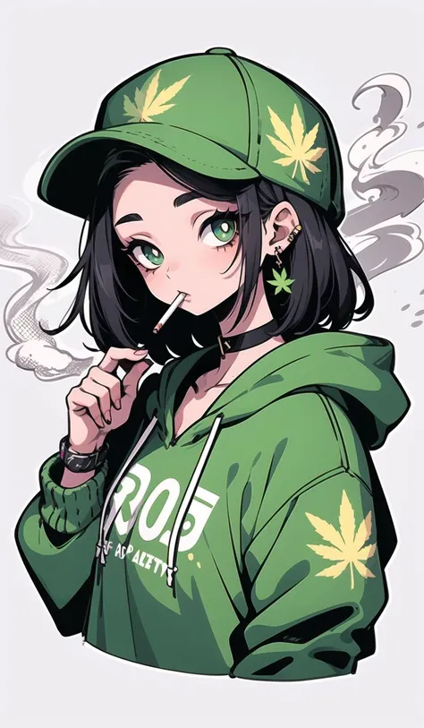 Graffiti, 1girl, solo, hood, leaf, hoodie, jewelry, hat, earrings, black hair, cigarette, hood down, medium hair, upper body, baseball cap, looking at viewer, green eyes, drawstring, green headwear, choker, smoking, green hoodie<lora:Graffiti:1>