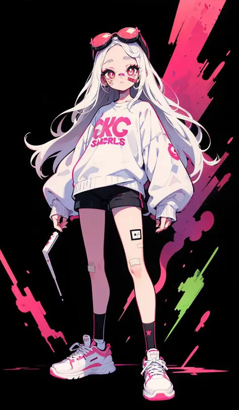 Graffiti, 1girl, solo, shoes, eyewear on head, white hair, white pupils, long hair, looking at viewer, long sleeves, white footwear, bright pupils, sunglasses, shirt, pink eyes, print shirt, black shirt, full body, shorts, socks, black background, bandaid, standing<lora:Graffiti:1>