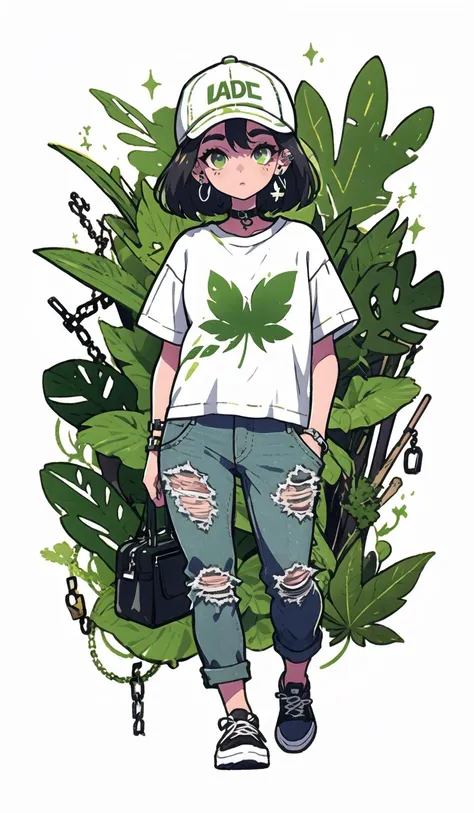 Graffiti, 1girl, solo, jewelry, shirt, hat, pants, ring, black hair, green eyes, torn pants, torn clothes, white shirt, green headwear, earrings, bag, chain, short sleeves, holding, watch, looking at viewer, choker, piercing, baseball cap, leaf, cropped legs, ear piercing, medium hair, hand in pocket, short hair<lora:Graffiti:1>