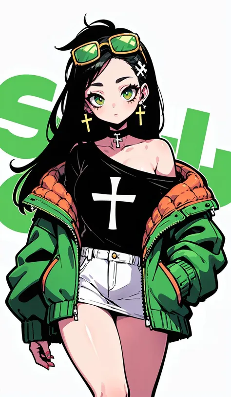 Graffiti, 1girl, solo, jewelry, cross, earrings, black hair, shirt, jacket, looking at viewer, long hair, sleeves past wrists, cross earrings, black shirt, collar, green jacket, off shoulder, latin cross, long sleeves, sunglasses, cowboy shot, choker, oversized clothes, green eyes, sleeves past fingers,closed mouth, open clothes, tinted eyewear, hair ornament<lora:Graffiti:1>