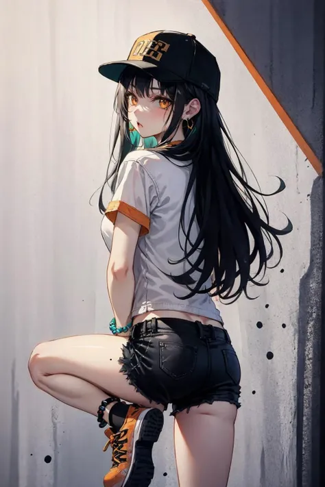 Graffiti, 1girl, hat, jewelry, black hair, solo, earrings, paint splatter, baseball cap, long hair, shorts, orange eyes, looking at viewer, mole, bracelet, shirt, from behind, <lora:Graffiti:1>