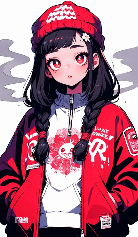 Graffiti, 1girl, solo, hat, long hair, red eyes, beanie, jacket, braid, upper body, black hair, looking at viewer, red jacket, black background, hands in pockets, hair ornament, smoke, zipper pull tab, bright pupils, flower, zipper <lora:Graffiti:1>