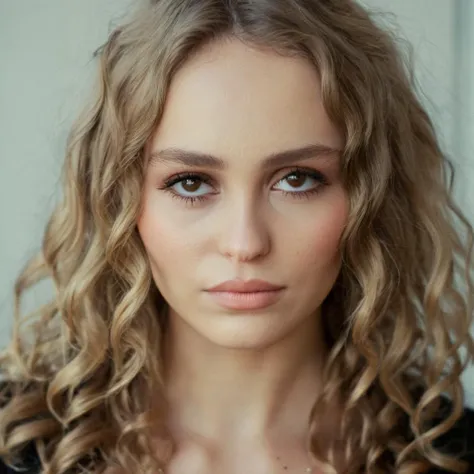 High res closeup portrait photo of a woman with long curly blonde hair, f /2.8, Canon, 85mm,cinematic, high quality, skin texture, looking at the camera, <lora:lirosedepp_xl_1_standard_merger_31_78_05_05:1.1>