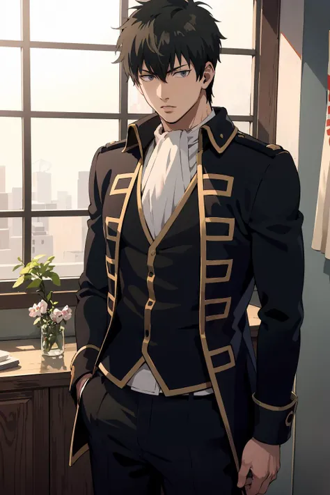 masterpiece,high quality,highres,solo,<lora:Hijikata-v4-wasabiya:1>,hijikata,male focus,1boy,uniform,black jacket,black pants,ascot,black vest, grey eyes