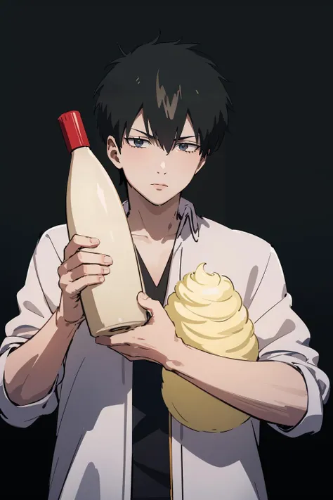 masterpiece,high quality,highres,solo,hijikata,1boy,male focus,black hair,grey eyes,mayonnaise-container,container lid,holding,black background,<lora:Gintama-Hijikata-v5-wasabiya:1>,