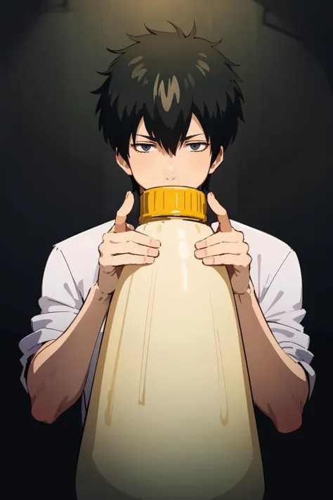 masterpiece,high quality,highres,solo,mayonnaise-container costume,container lid,hijikata,1boy,male focus,black hair,grey eyes,holding,black background,<lora:Gintama-Hijikata-v13-b3-wasabiya:1>,