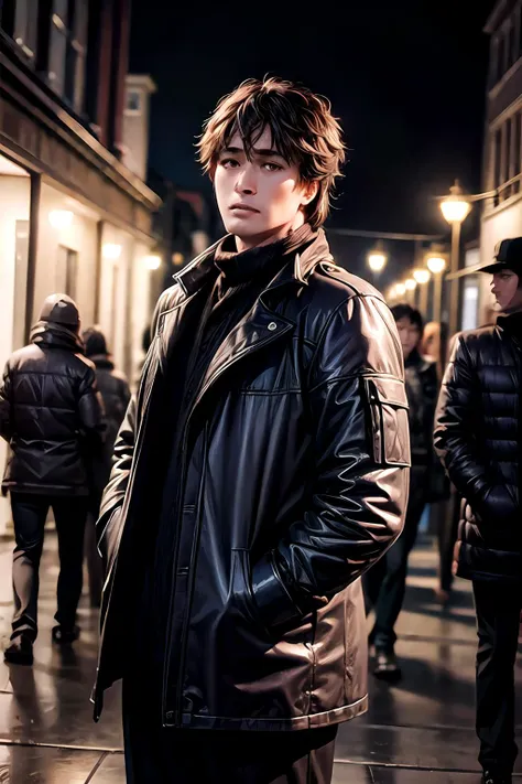 (photorealistic, realistic), solo, 1man Tsoi, korean style Tsoi, at centre, standing at front, oil painting, photorealistic, outdoors, dim light | winter night, streetlight at night, midnight Moscow city alley, cowboy shot, standing, <lora:Tsoi:0.8>,  <lora:add_detail:1>