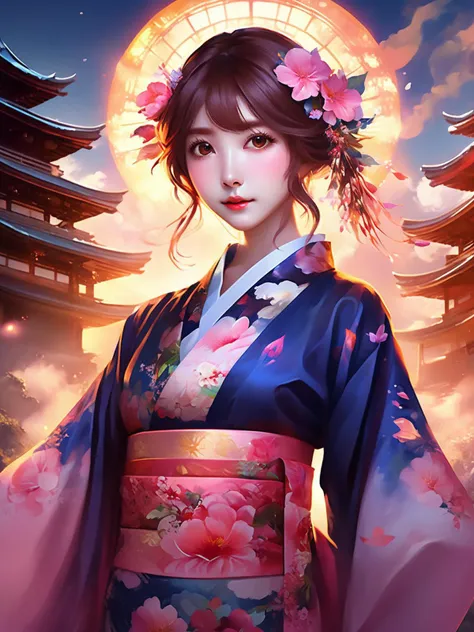 ethereal fantasy concept art of available light,incredibly absurdres,lustrous and dazzling,
1girl,(blush:1.3),
<lora:ssyy_SDXL_2_reg_:1>,ssyy,
eyes_focus,sunlight,rosy clouds,gohei,
<lora:DetailedEyes_V3:0.6>,portrait,print_kimono,looking_at_viewer,the background is mount fuji and kyoto cityscape and lake,double_v, . magnificent, celestial, ethereal, painterly, epic, majestic, magical, fantasy art, cover art, dreamy