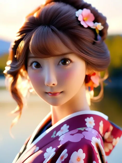 professional 3d model available light,incredibly absurdres,
1girl,(blush:1.3),
<lora:ssyy_SDXL_2_reg_:1>,ssyy,
eyes_focus,sunlight,rosy clouds,gohei,
<lora:DetailedEyes_V3:0.6>,portrait,print_kimono,looking_at_viewer,close-up,the background is mount fuji and kyoto cityscape and lake, . octane render, highly detailed, volumetric, dramatic lighting