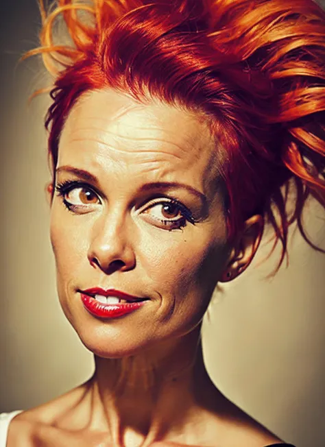portrait of sks woman by Flora Borsi, style by Flora Borsi, bold, bright colours, orange Mohawk haircut, ((Flora Borsi)), <lora:locon_chase_v1_from_v1_64_32:1.4>