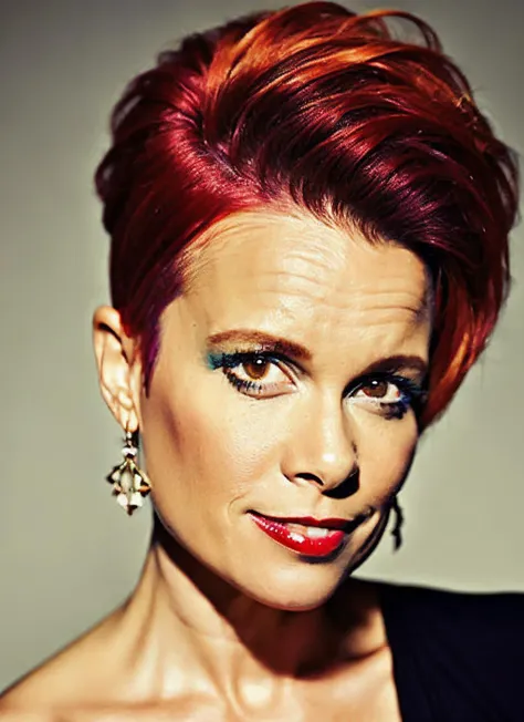 analog style, modelshoot style, portrait of sks woman by Flora Borsi, style by Flora Borsi, bold, bright colours, orange Mohawk haircut, ((Flora Borsi)), <lora:locon_chase_v1_from_v1_64_32:1.4>