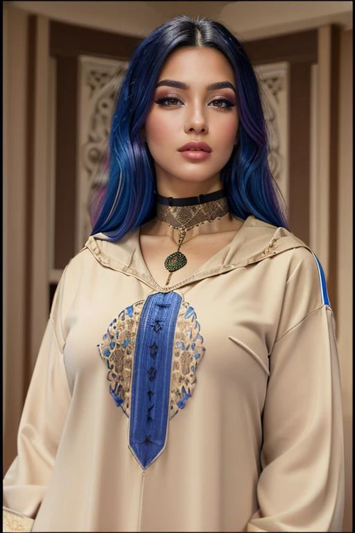 (Cinematic Photo:1.3) of (Ultrarealistic:1.3),(Lustful:1.3) Woman, long hair, pink and blue hair, <lora:edgDjellabav1:1> (beige edgellaba:1.2), a woman in a dress, (wearing beige edgellaba:1.1), <lora:Chokers:1.2> (edgChoker:1.2), wearing edgChoker,Highly Detailed