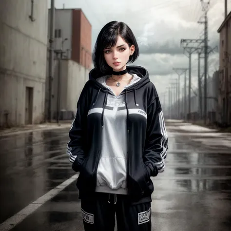 arafed woman in a black and white jacket standing in a wet street