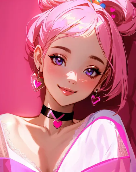 4K, Masterpiece, highres, absurdres,photorealistic, cute attractive face, smiling, a woman,pink choker with a heart on it, edg_choker around the neck,cowboy shot, surreal, lights on, shadows<lora:edg_choker:0.55>