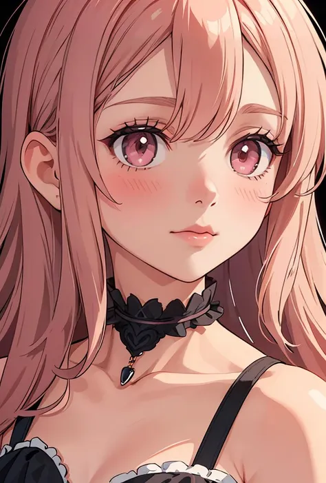 anime girl with long hair and pink eyes in black dress