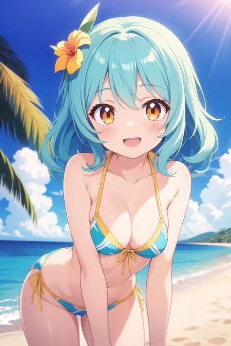 masterpiece, best quality, ultra detailed, anime style, 1girl, medium wavy hair, turquoise hair, orange eyes, bikini, tropical beach, warm, beautiful face, happy