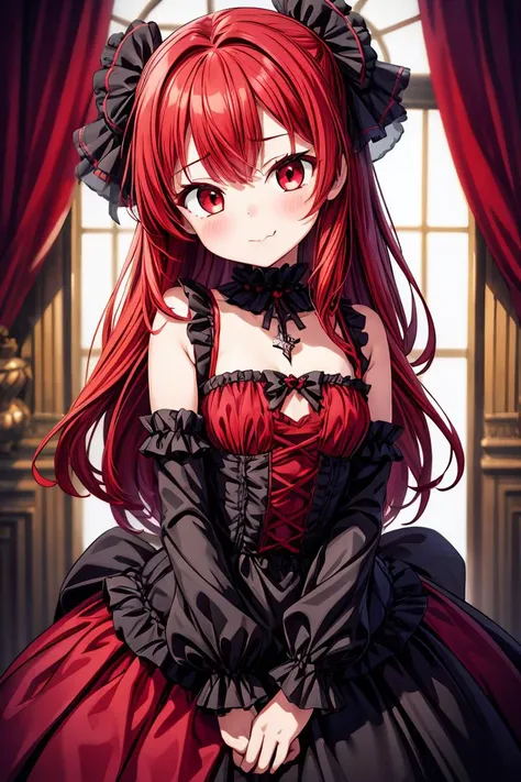 (masterpiece, best quality), 1girl, red hair, medium chest, gothic frill dress, pervert face, <lora:add_detail:1>