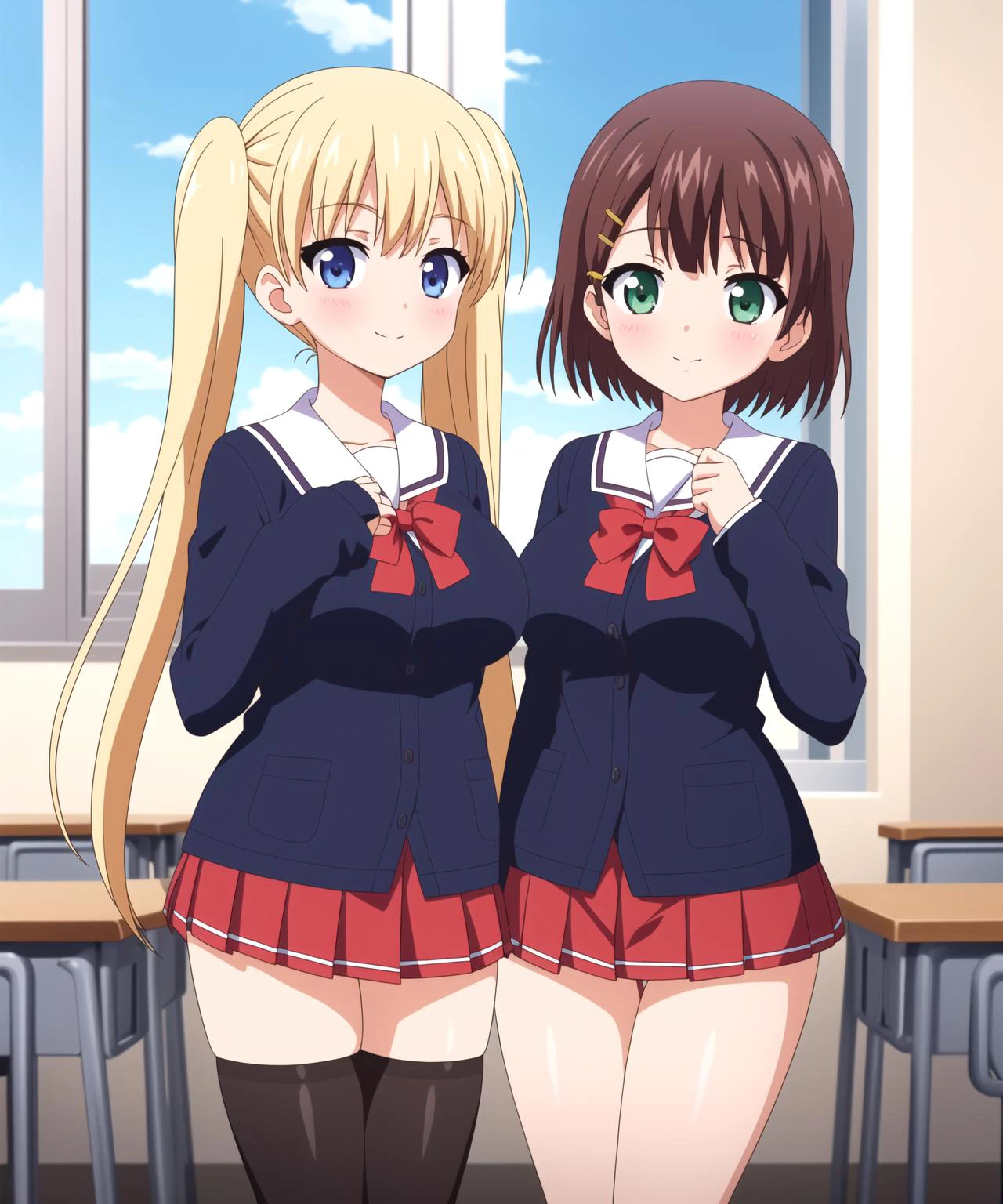 masterpiece,best quality,OniChichi,(2little girls,school uniform:1.3),cute,red miniskirt,smile,cowboy shot,standing,side by side,looking at viewer,thigh_gap,classroom,large breasts,blush,window,face focus,
BREAK,
<lora:OniChichi:0.8>, Airi,twintails,hair ornament,blonde long hair,black thighhighs, 
BREAK,
sana,hairclip,
