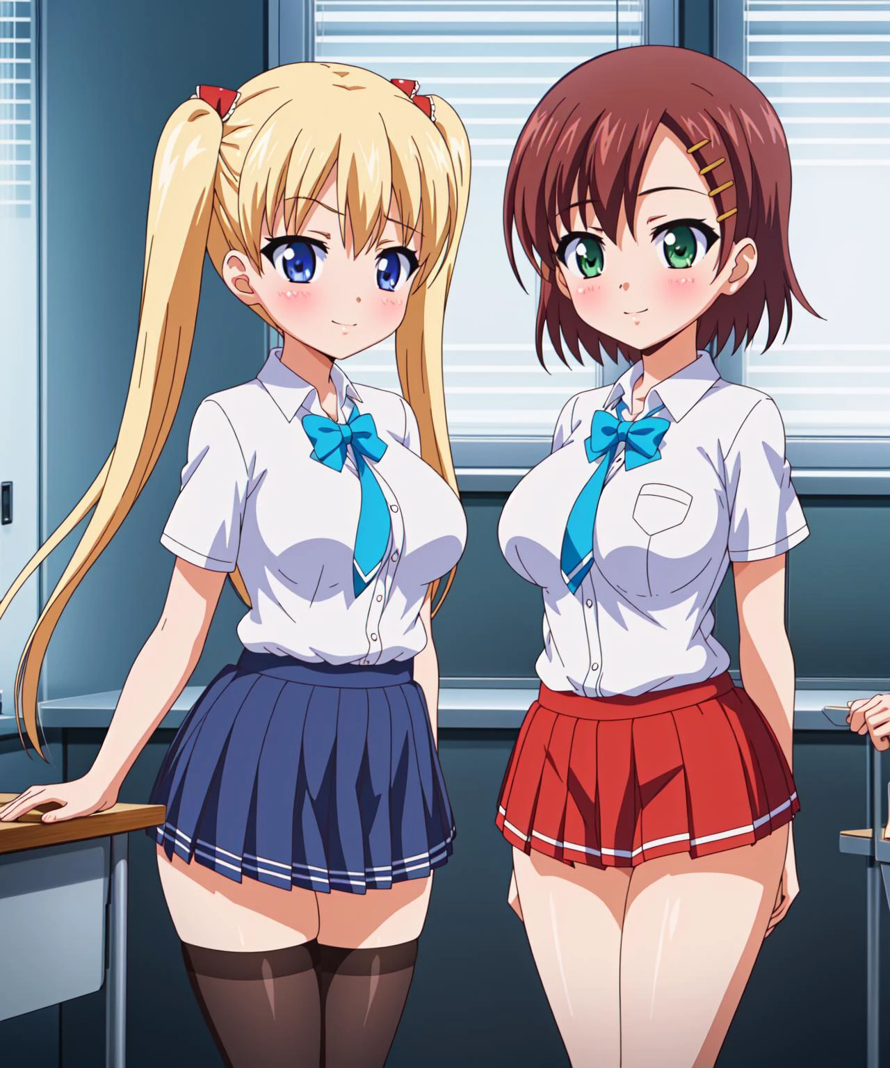 masterpiece,best quality,OniChichi,(2little girls,school uniform:1.3),cute,red miniskirt,smile,cowboy shot,standing,side by side,looking at viewer,thigh_gap,classroom,large breasts,blush,window,face focus,
BREAK,
<lora:OniChichi:1.0>, Airi,twintails,hair ornament,blonde long hair,black thighhighs,
BREAK,
sana,hairclip,