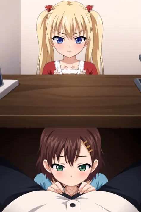 masterpiece,best quality,2girls, under table, pov, stealth , table, irrumatio,
BREAK,
<lora:OniChichi:1.0>, Airi,twintails,angry,hair ornament,blonde long hair,upper body,looking at viewer, <lora:concept-under_table-fellatio
BREAK,
sana,hairclip,heart,motion lines,