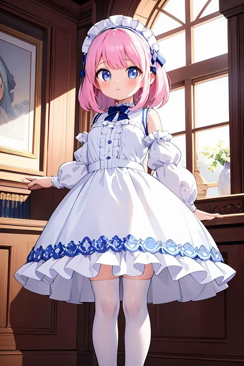 (masterpiece, best quality), 1girl, blue and white frill dress, (white stockings), pink hair, cute face, standing, indoor, intricate detail, sunlight,