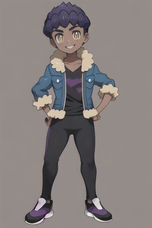 masterpiece, best quality, 1boy, hop \(pokemon\), purple hair, short hair, yellow eyes, dark skin, fur-trimmed blue jacket, open clothes, open jacket, black pants, black shirt, shoes, collarbone, full body, hands on hips, looking at viewer, smile, solo, teen, standing, simple background <lora:Hop:1