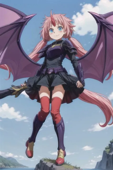 masterpiece, highres, (scenary:1.2), florest, river, Dynamic light, milim nava, 1girl,solo,long hair,looking at viewer,smile,blue eyes,skirt, closed mouth, full body, pink hair, dress, low twintails, dynamic angle, Sun light in the lens, Defined design, detailed eyes,