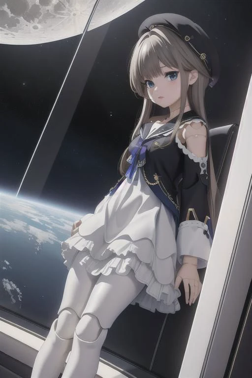 masterpiece, (Best quality), highres, (scenary:1.2), light, dynamic angle, photography, legwear,pantyhose, beret, dollgirl, dress, hertasr/(realistic/), indoor Spaceship, /view of earth to /(shiny glass), atmosphere, Moon,